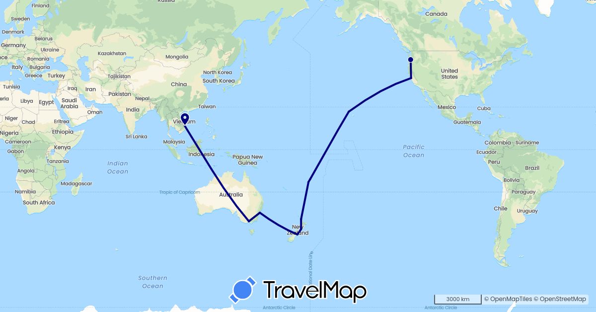 TravelMap itinerary: driving in Australia, Fiji, New Zealand, United States, Vietnam (Asia, North America, Oceania)